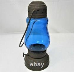 Antique Tin Oil Or Kerosene Skaters Lamp Lantern Blue Glass Vintage