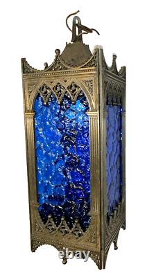 Antique Tudor/Gothic lantern fixture, hammered blue glass panels. To restore