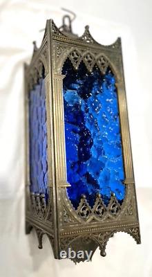 Antique Tudor/Gothic lantern fixture, hammered blue glass panels. To restore
