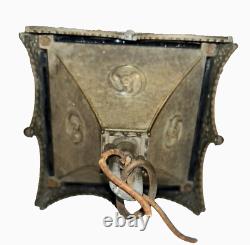 Antique Tudor/Gothic lantern fixture, hammered blue glass panels. To restore