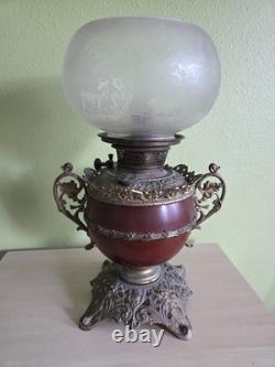Antique Victorian Bradley & Hubbard Oil Lamp Ornate Base Etched Globe Unused
