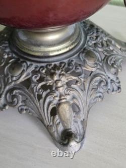 Antique Victorian Bradley & Hubbard Oil Lamp Ornate Base Etched Globe Unused
