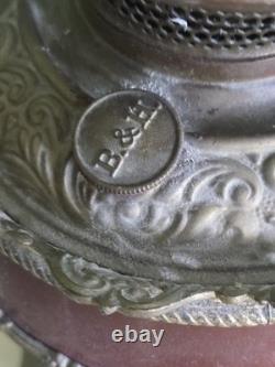 Antique Victorian Bradley & Hubbard Oil Lamp Ornate Base Etched Globe Unused