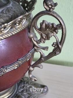 Antique Victorian Bradley & Hubbard Oil Lamp Ornate Base Etched Globe Unused