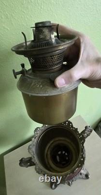Antique Victorian Bradley & Hubbard Oil Lamp Ornate Base Etched Globe Unused