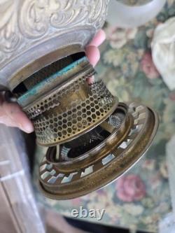 Antique Victorian Bradley & Hubbard Oil Lamp Ornate Base Etched Globe Unused