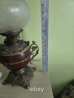 Antique Victorian Bradley & Hubbard Oil Lamp Ornate Base Etched Globe Unused