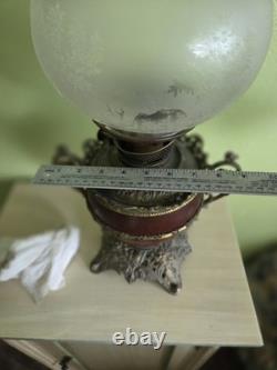 Antique Victorian Bradley & Hubbard Oil Lamp Ornate Base Etched Globe Unused