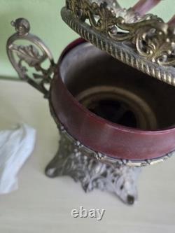 Antique Victorian Bradley & Hubbard Oil Lamp Ornate Base Etched Globe Unused