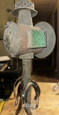 Antique Victorian Copper Carriage Lantern WithElectric Light & Horseshoe Stand