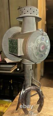 Antique Victorian Copper Carriage Lantern WithElectric Light & Horseshoe Stand