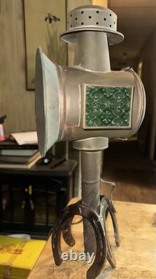 Antique Victorian Copper Carriage Lantern WithElectric Light & Horseshoe Stand