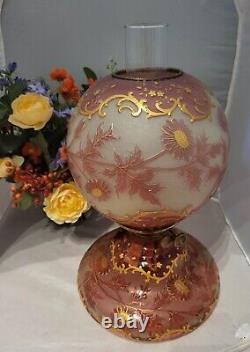 Antique Victorian Cranberry/ Pink Gilt Blown Glass Lantern Oil Lamp Duplex 17in