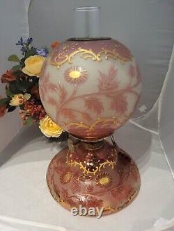 Antique Victorian Cranberry/ Pink Gilt Blown Glass Lantern Oil Lamp Duplex 17in