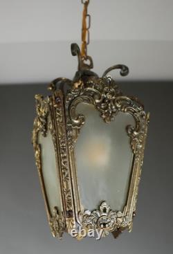 Antique Victorian Ornate Brass Frosted Glass Ceiling Lantern Pendant Lamp