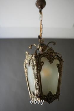 Antique Victorian Ornate Brass Frosted Glass Ceiling Lantern Pendant Lamp