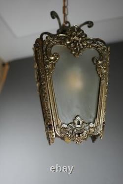 Antique Victorian Ornate Brass Frosted Glass Ceiling Lantern Pendant Lamp