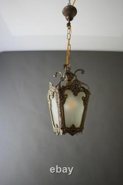Antique Victorian Ornate Brass Frosted Glass Ceiling Lantern Pendant Lamp