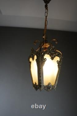 Antique Victorian Ornate Brass Frosted Glass Ceiling Lantern Pendant Lamp