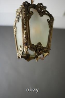 Antique Victorian Ornate Brass Frosted Glass Ceiling Lantern Pendant Lamp