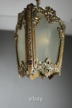 Antique Victorian Ornate Brass Frosted Glass Ceiling Lantern Pendant Lamp