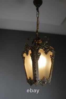 Antique Victorian Ornate Brass Frosted Glass Ceiling Lantern Pendant Lamp