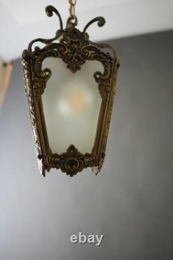 Antique Victorian Ornate Brass Frosted Glass Ceiling Lantern Pendant Lamp