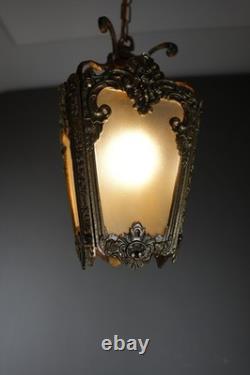 Antique Victorian Ornate Brass Frosted Glass Ceiling Lantern Pendant Lamp