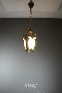 Antique Victorian Ornate Brass Frosted Glass Ceiling Lantern Pendant Lamp