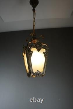 Antique Victorian Ornate Brass Frosted Glass Ceiling Lantern Pendant Lamp