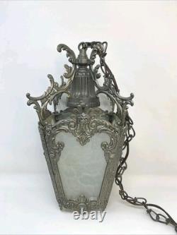 Antique Victorian Ornate Brass Pebbled Glass Ceiling Lantern Pendant Lamp