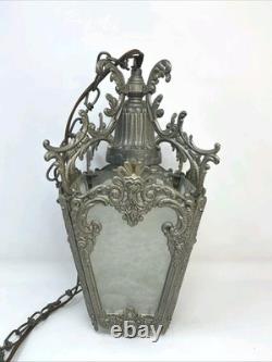 Antique Victorian Ornate Brass Pebbled Glass Ceiling Lantern Pendant Lamp