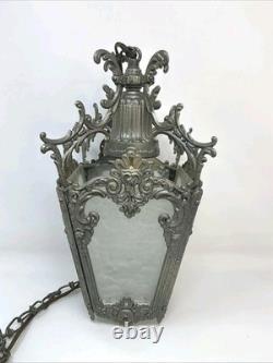 Antique Victorian Ornate Brass Pebbled Glass Ceiling Lantern Pendant Lamp