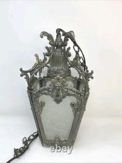 Antique Victorian Ornate Brass Pebbled Glass Ceiling Lantern Pendant Lamp