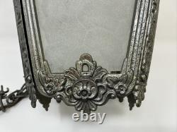 Antique Victorian Ornate Brass Pebbled Glass Ceiling Lantern Pendant Lamp