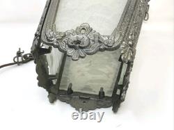 Antique Victorian Ornate Brass Pebbled Glass Ceiling Lantern Pendant Lamp
