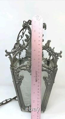 Antique Victorian Ornate Brass Pebbled Glass Ceiling Lantern Pendant Lamp