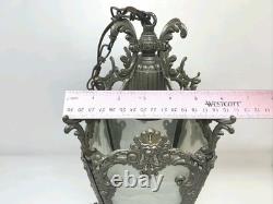 Antique Victorian Ornate Brass Pebbled Glass Ceiling Lantern Pendant Lamp