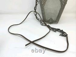 Antique Victorian Ornate Brass Pebbled Glass Ceiling Lantern Pendant Lamp