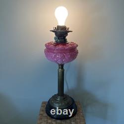 Antique Victorian Pink Cranberry Milk Glass Oil Lantern Electric Parlor Lamp