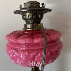 Antique Victorian Pink Cranberry Milk Glass Oil Lantern Electric Parlor Lamp