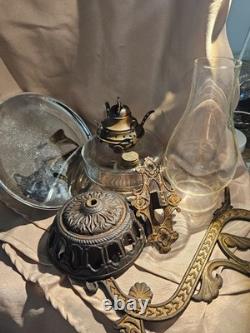 Antique Victorian cast Iron Wall hanging Oil Lamp with Mercury Reflector