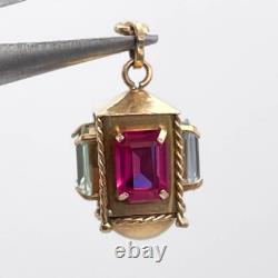 Antique Vintage 14K Yellow Gold 3D Lantern Gemstone Charm Pendant