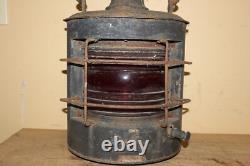 Antique Vintage 1800's Ships Lantern Lamp Light Curved Red Glass Railroad
