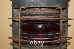 Antique Vintage 1800's Ships Lantern Lamp Light Curved Red Glass Railroad