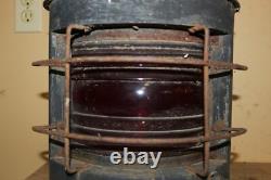 Antique Vintage 1800's Ships Lantern Lamp Light Curved Red Glass Railroad