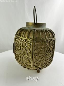 Antique Vintage 1930's Pierced Brass Ornate Shinto Shrine Lantern Hanging Lamp