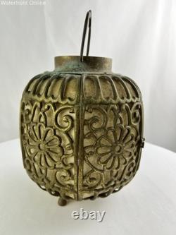 Antique Vintage 1930's Pierced Brass Ornate Shinto Shrine Lantern Hanging Lamp