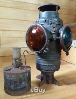 Antique Vintage Armspear Railroad Switch Lamp Oil Lantern 4 Lense Amber Blue
