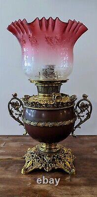 Antique Vintage Bradley Hubbard Oil Electric Base B&H Parlor Glass Lamp Shade